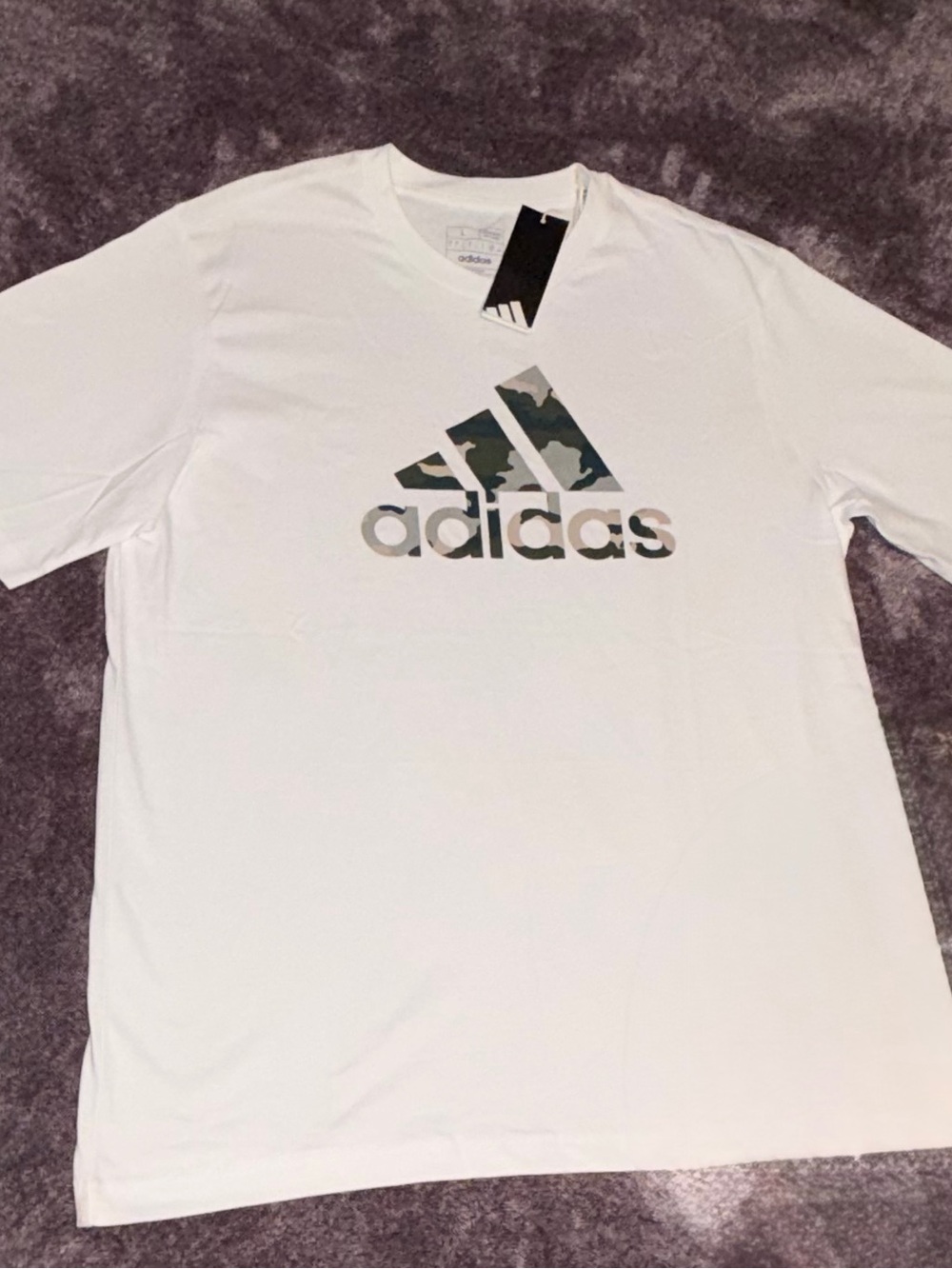 adidas White Short-Sleeve Tee with Green Camo Logo